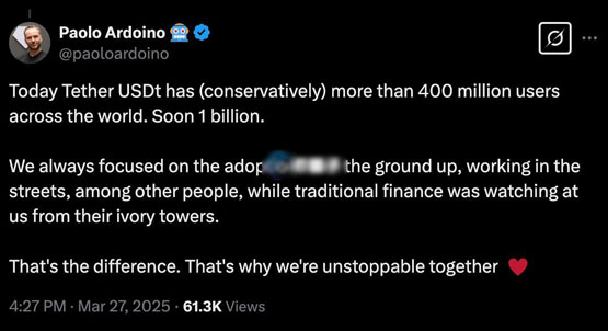 Tether CEO Paolo Ardoino高调喊话：稳定币多重宇宙到来 USDT将迈向十亿用户