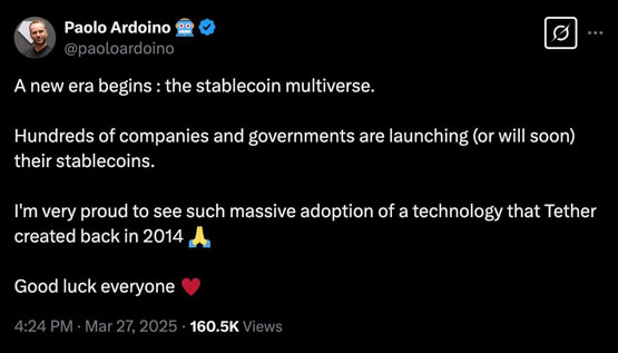 Tether CEO Paolo Ardoino高调喊话：稳定币多重宇宙到来 USDT将迈向十亿用户